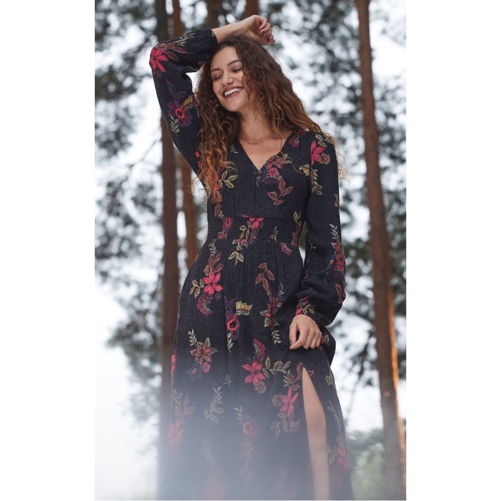 FATFACE | NWT $108 Bennie Floral Midi Dress in Black Motif, Size US 4